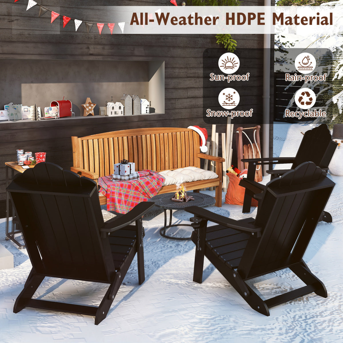 Weather Resistant HDPE Folding Adirondack Chair with High Backrest for Backyard