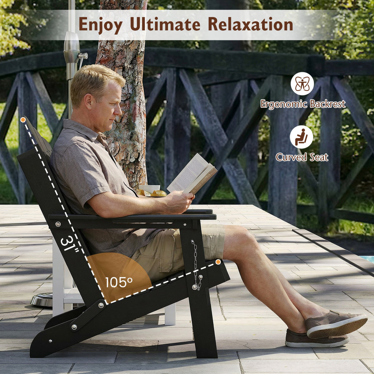 Weather Resistant HDPE Folding Adirondack Chair with High Backrest for Backyard