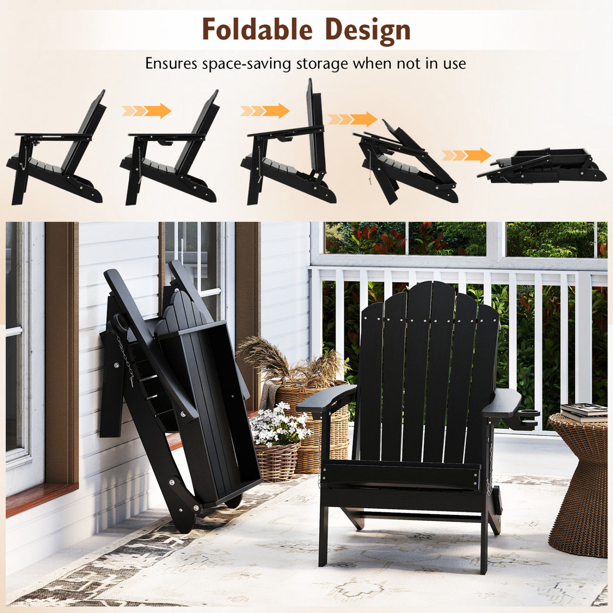 Weather Resistant HDPE Folding Adirondack Chair with High Backrest for Backyard