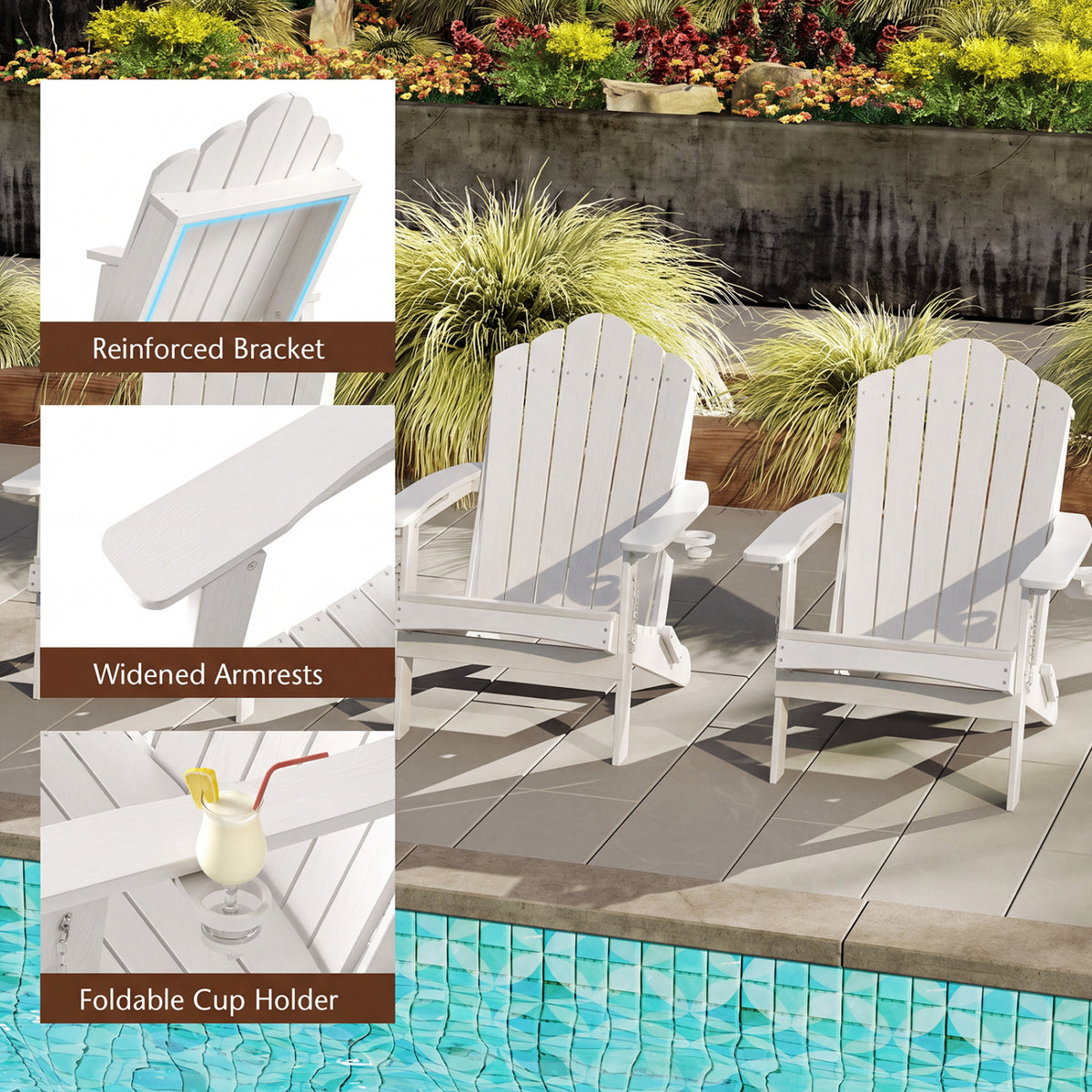 Weather Resistant HDPE Folding Adirondack Chair with High Backrest for Backyard