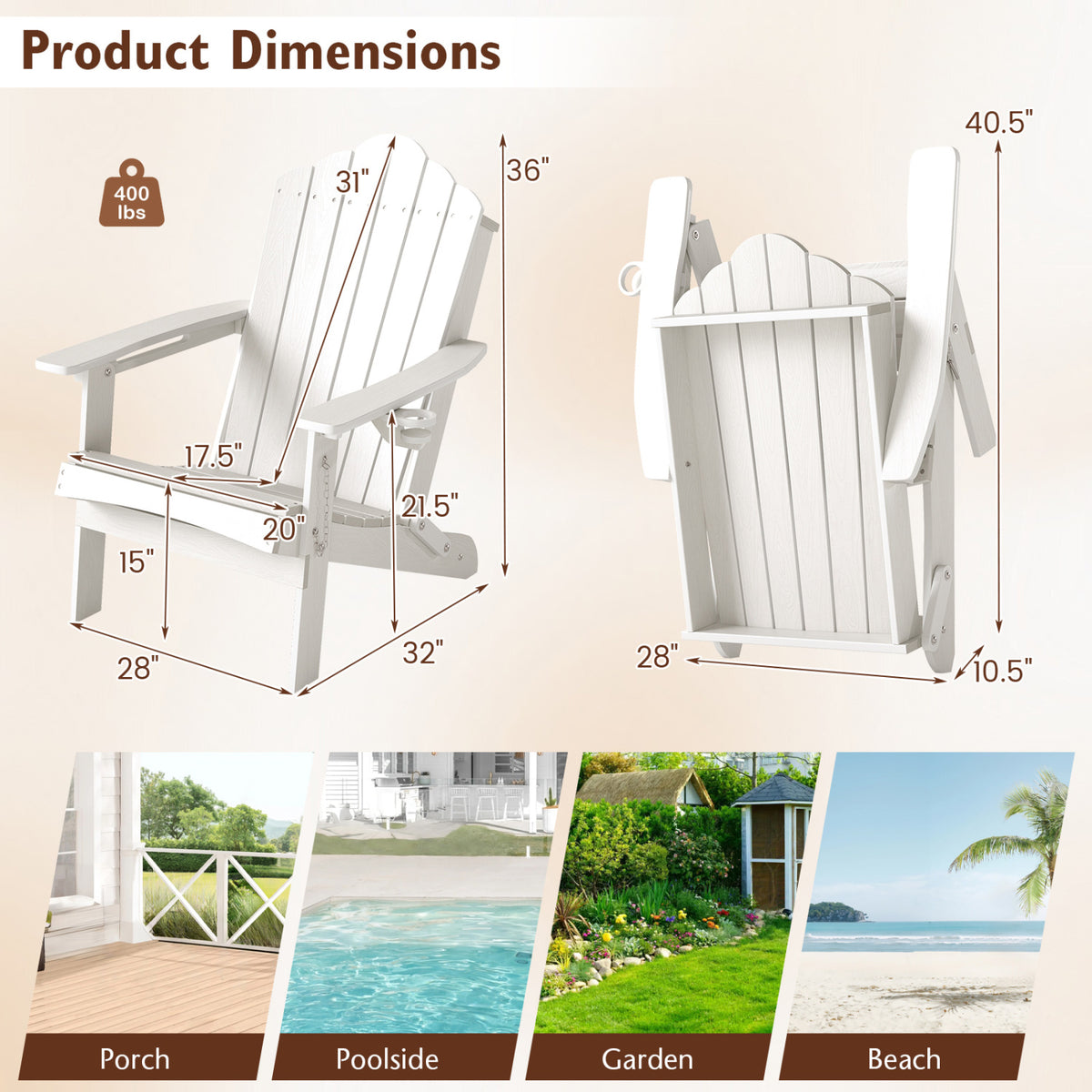 Weather Resistant HDPE Folding Adirondack Chair with High Backrest for Backyard