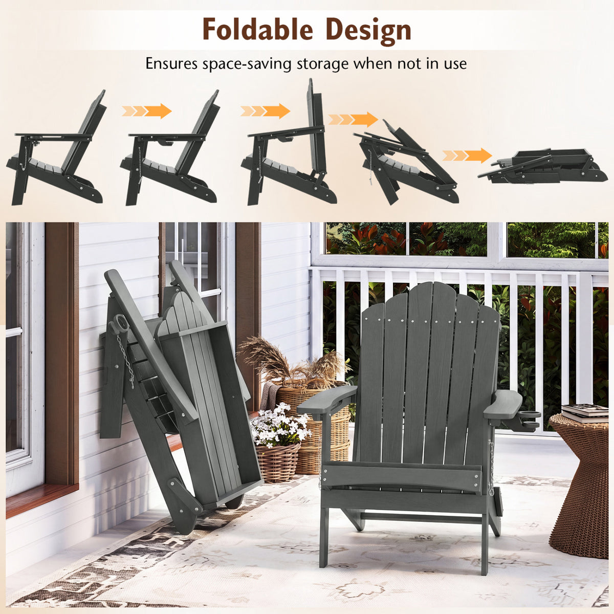 Weather Resistant HDPE Folding Adirondack Chair with High Backrest for Backyard