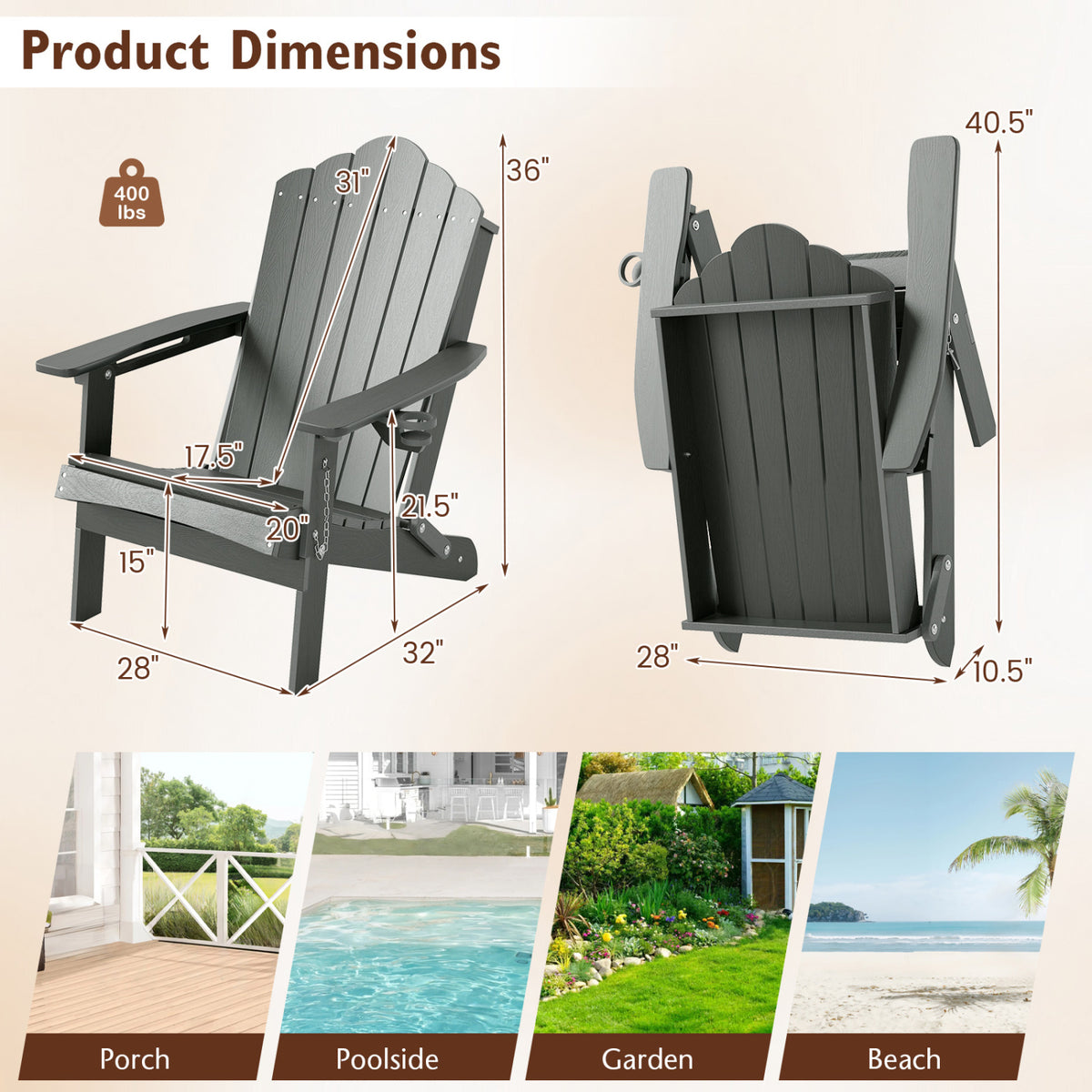 Weather Resistant HDPE Folding Adirondack Chair with High Backrest for Backyard