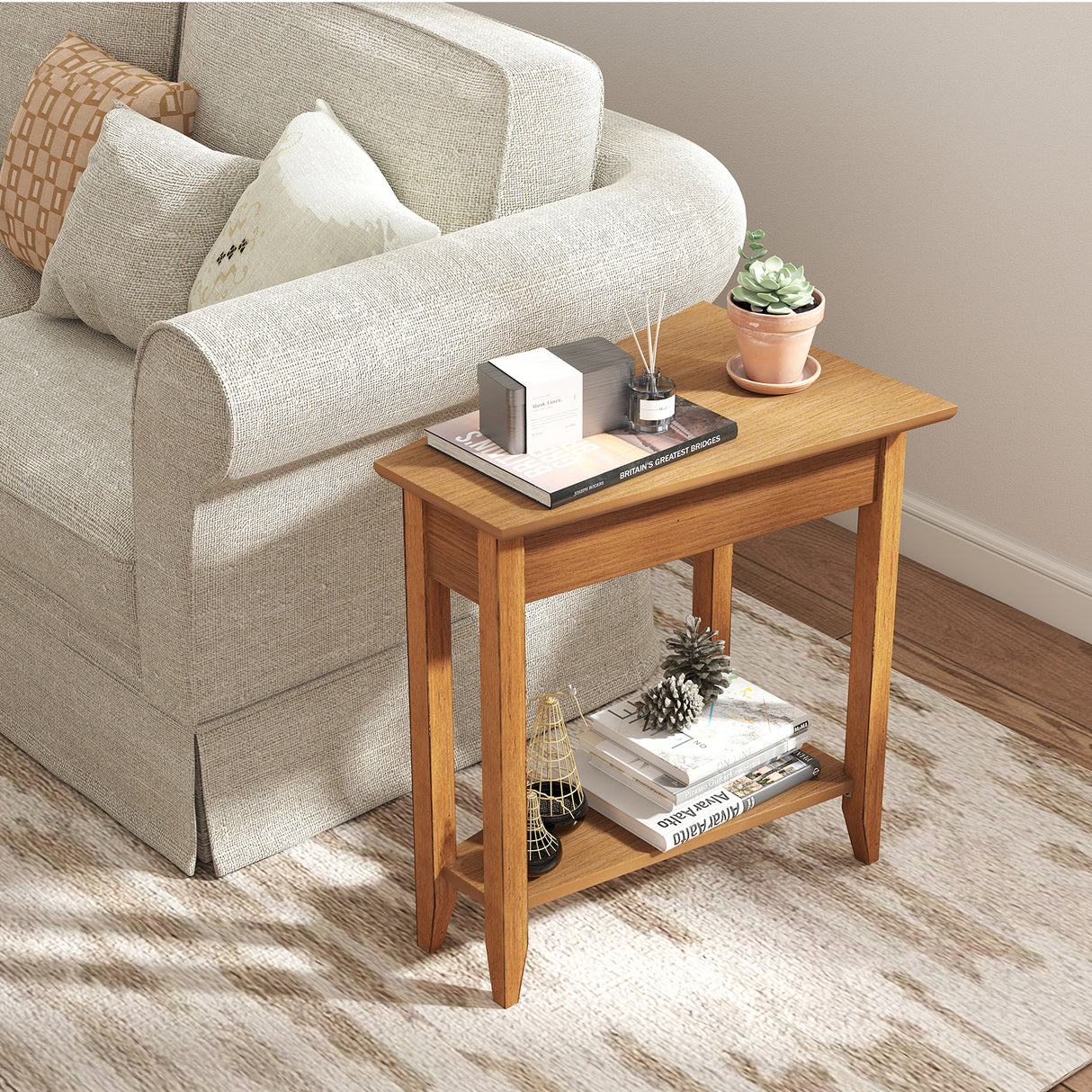 2-Tier Wedge Narrow End Table with Storage Shelf and Solid Wood Legs
