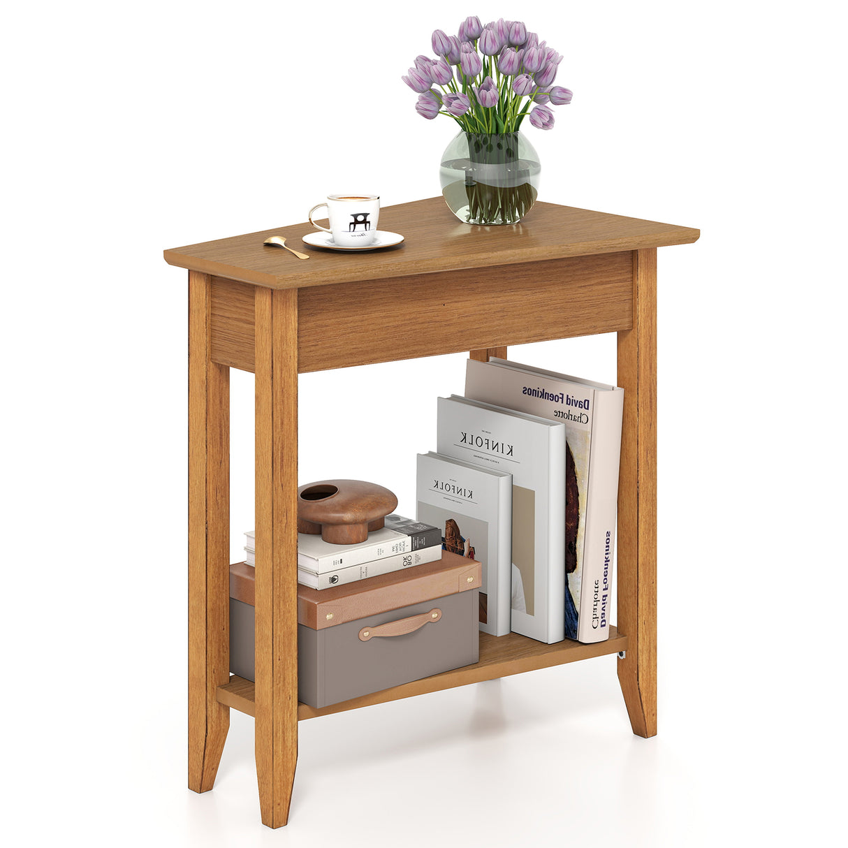 2-Tier Wedge Narrow End Table with Storage Shelf and Solid Wood Legs