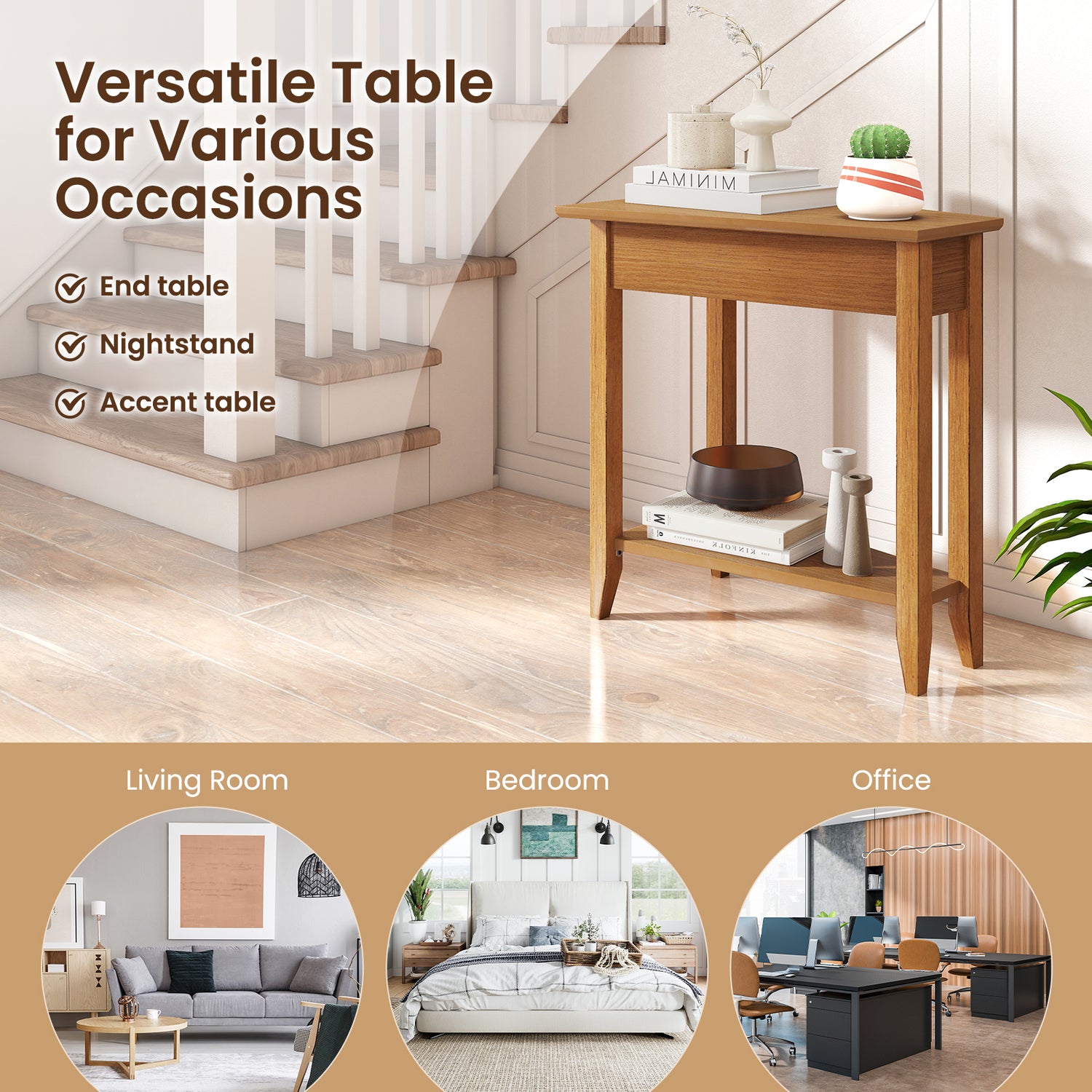 2-Tier Wedge Narrow End Table with Storage Shelf and Solid Wood Legs