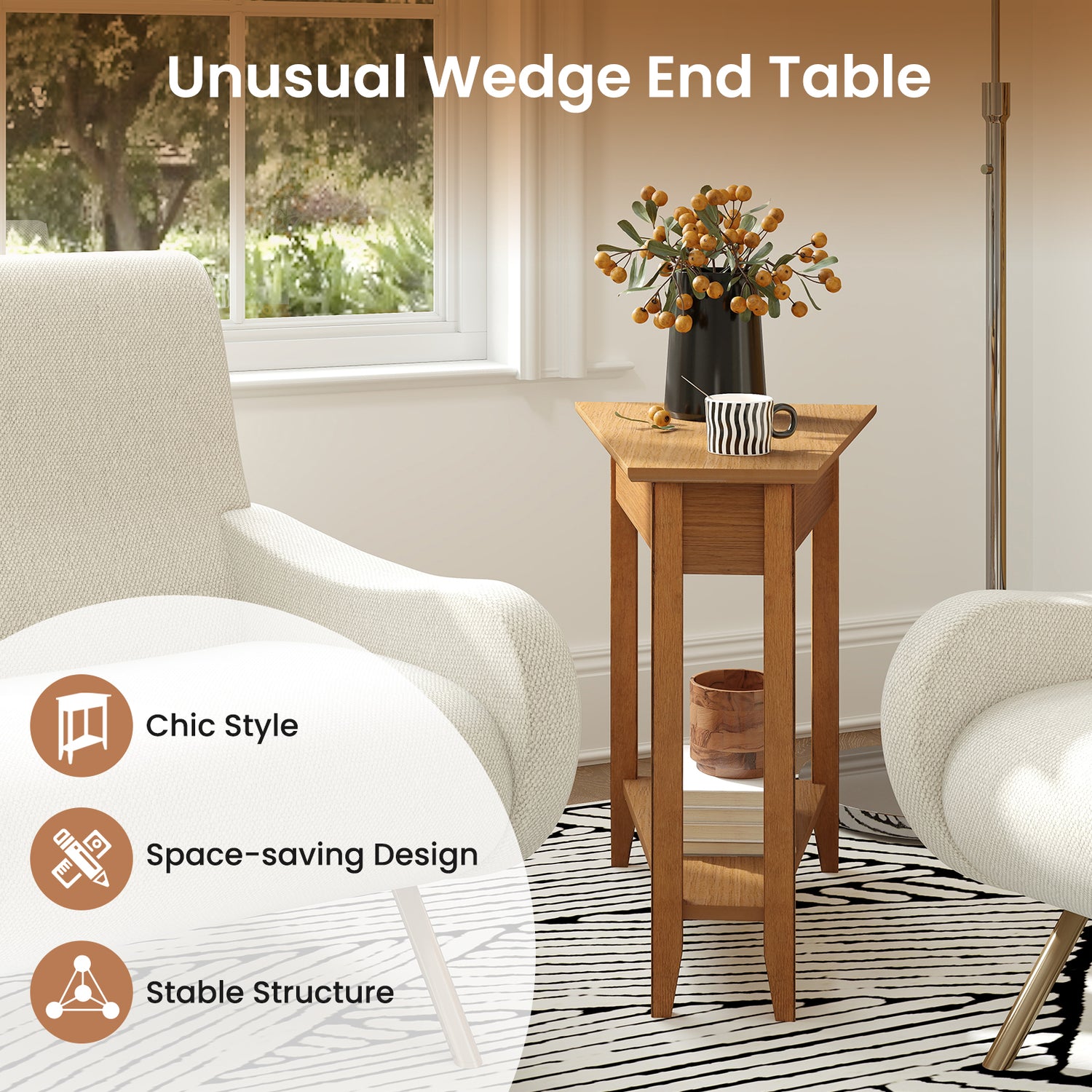 2-Tier Wedge Narrow End Table with Storage Shelf and Solid Wood Legs
