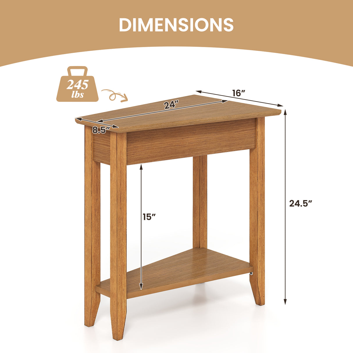 2-Tier Wedge Narrow End Table with Storage Shelf and Solid Wood Legs