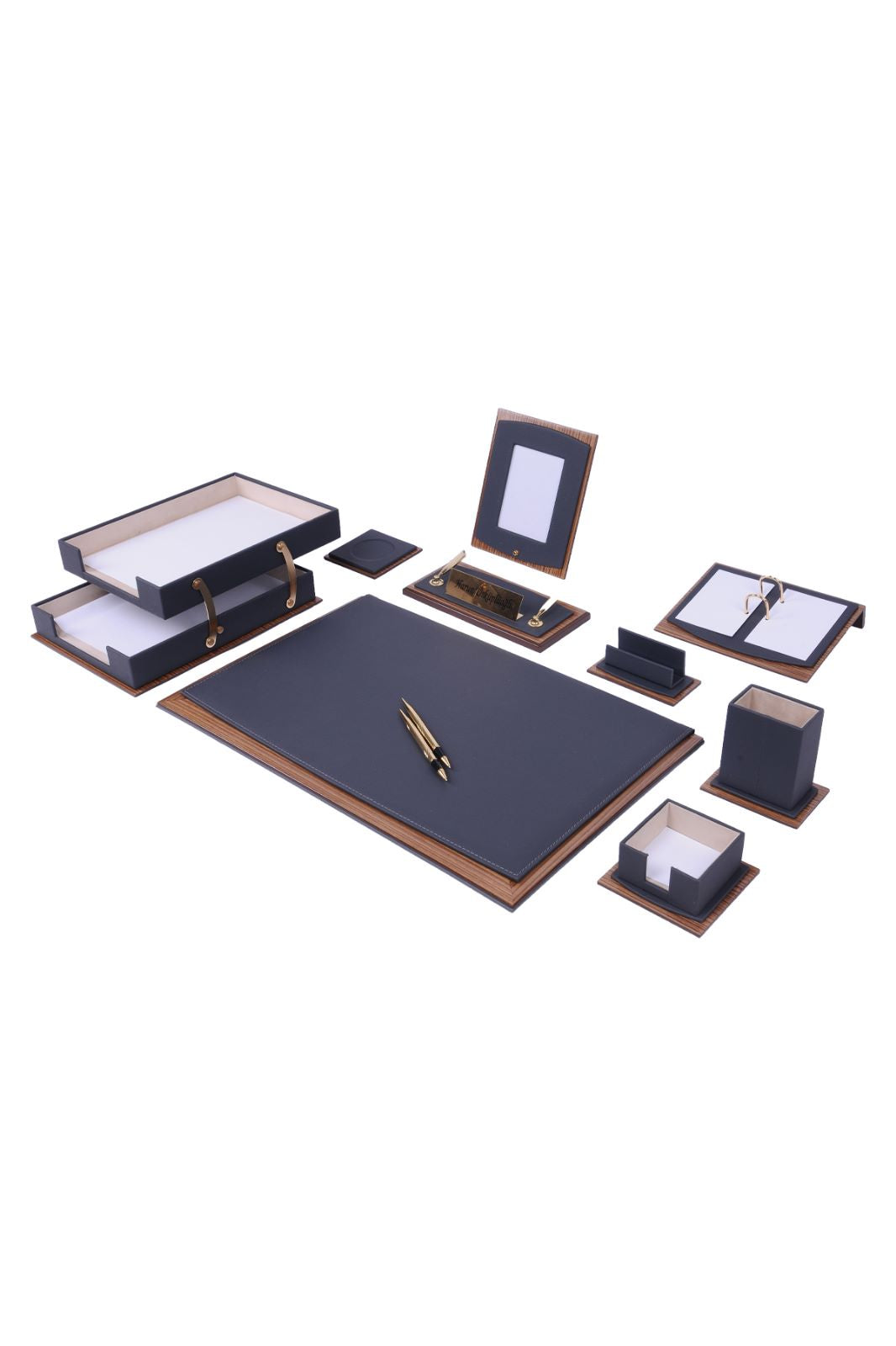 MOOG Star Leather Desk Set -Walnut Wood Combination -Double Document Tray - White-11 PCS