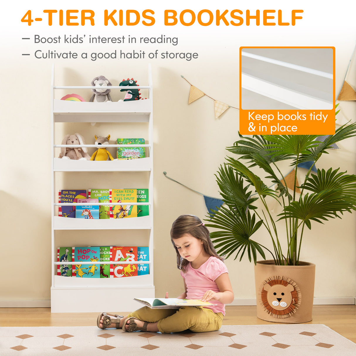 4-Tier Bookshelf with 2 Anti-Tipping Kits for Books and Magazines-White