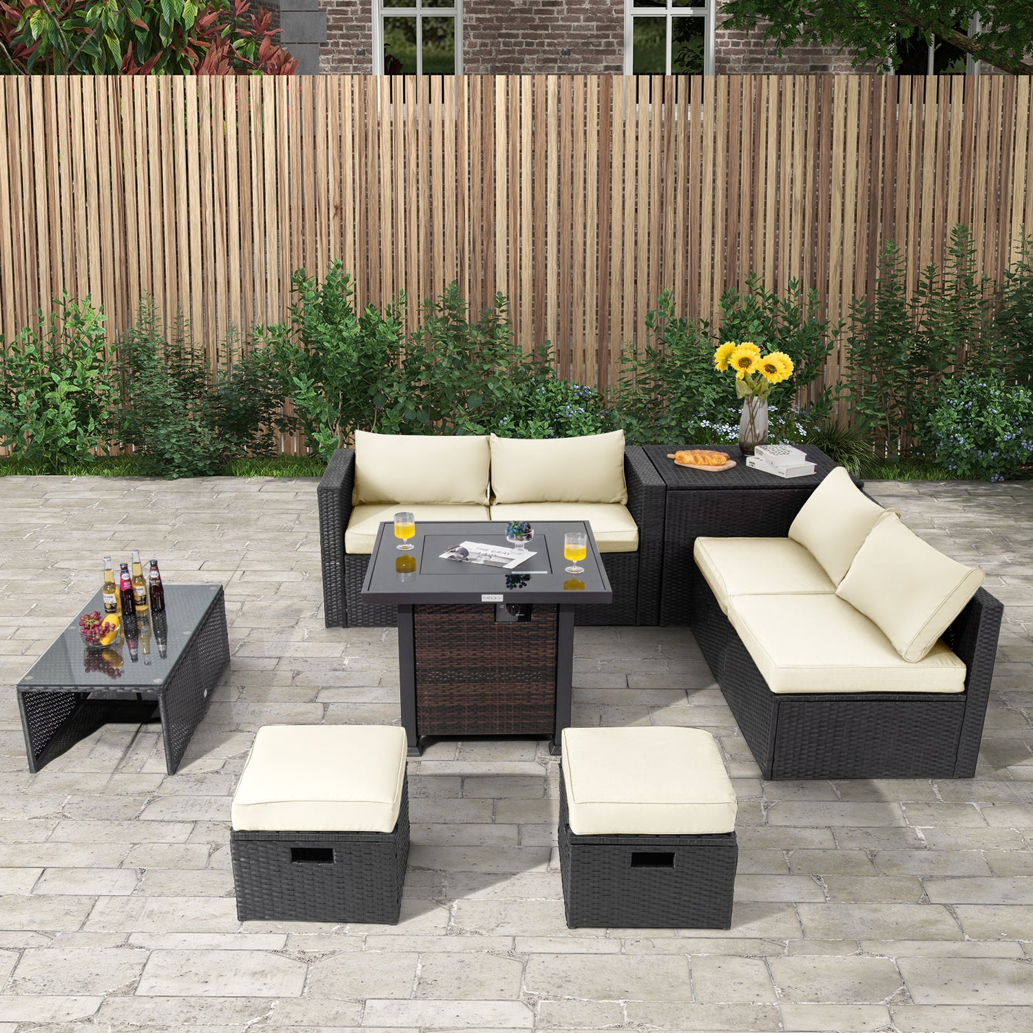 9 Pieces Patio Furniture Set with 32â Fire Pit Table and 50000 BTU Square Propane Fire Pit