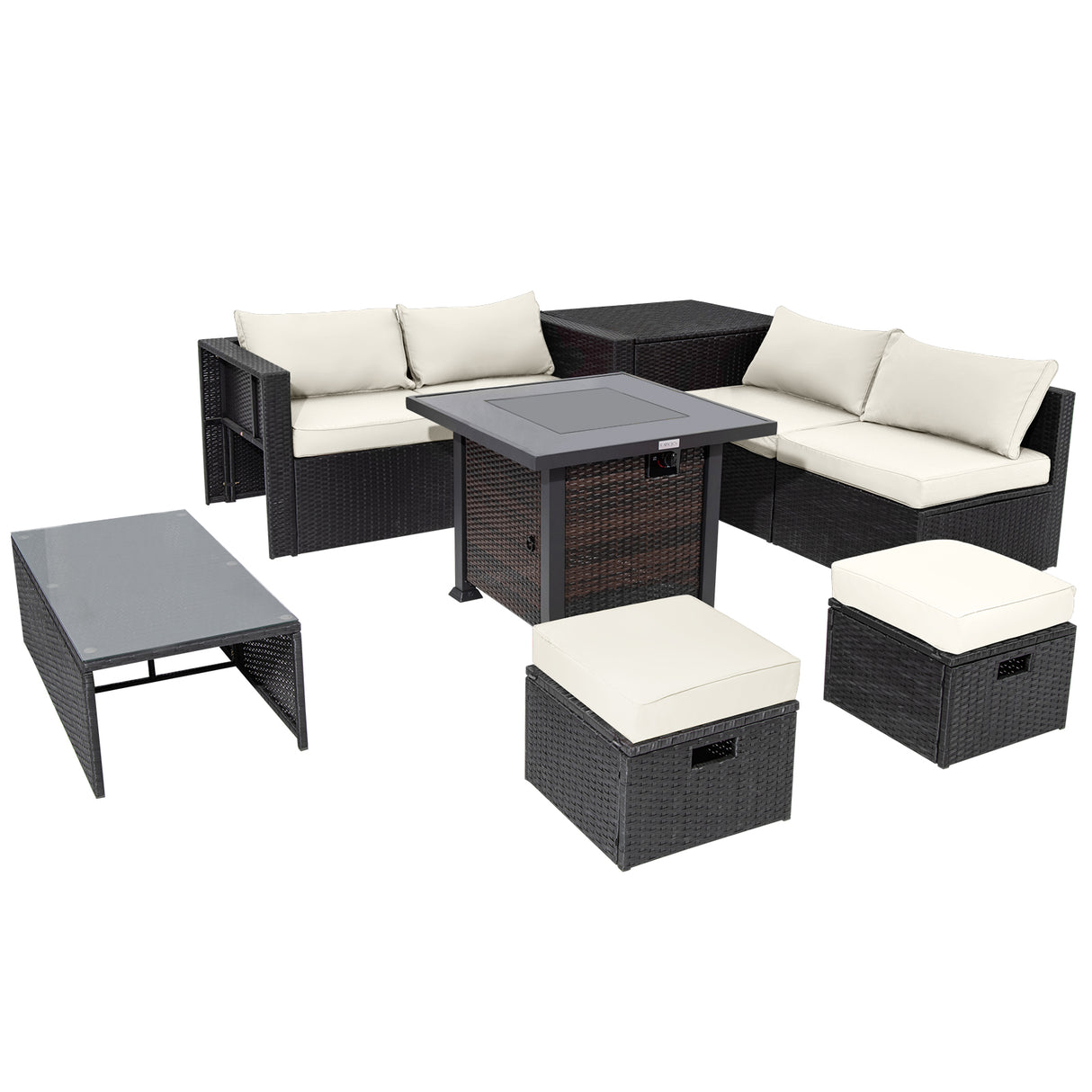 9 Pieces Patio Furniture Set with 32â Fire Pit Table and 50000 BTU Square Propane Fire Pit