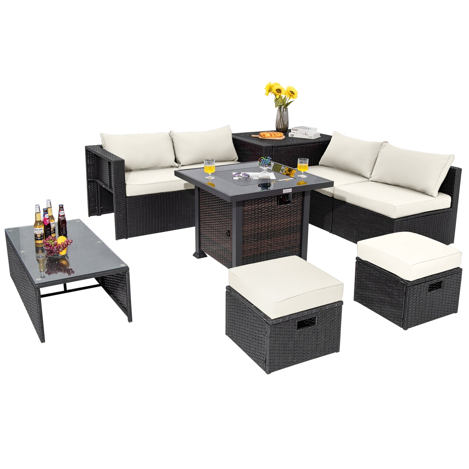 9 Pieces Patio Furniture Set with 32â Fire Pit Table and 50000 BTU Square Propane Fire Pit