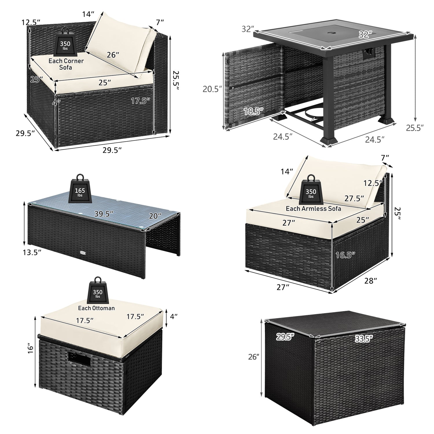 9 Pieces Patio Furniture Set with 32â Fire Pit Table and 50000 BTU Square Propane Fire Pit