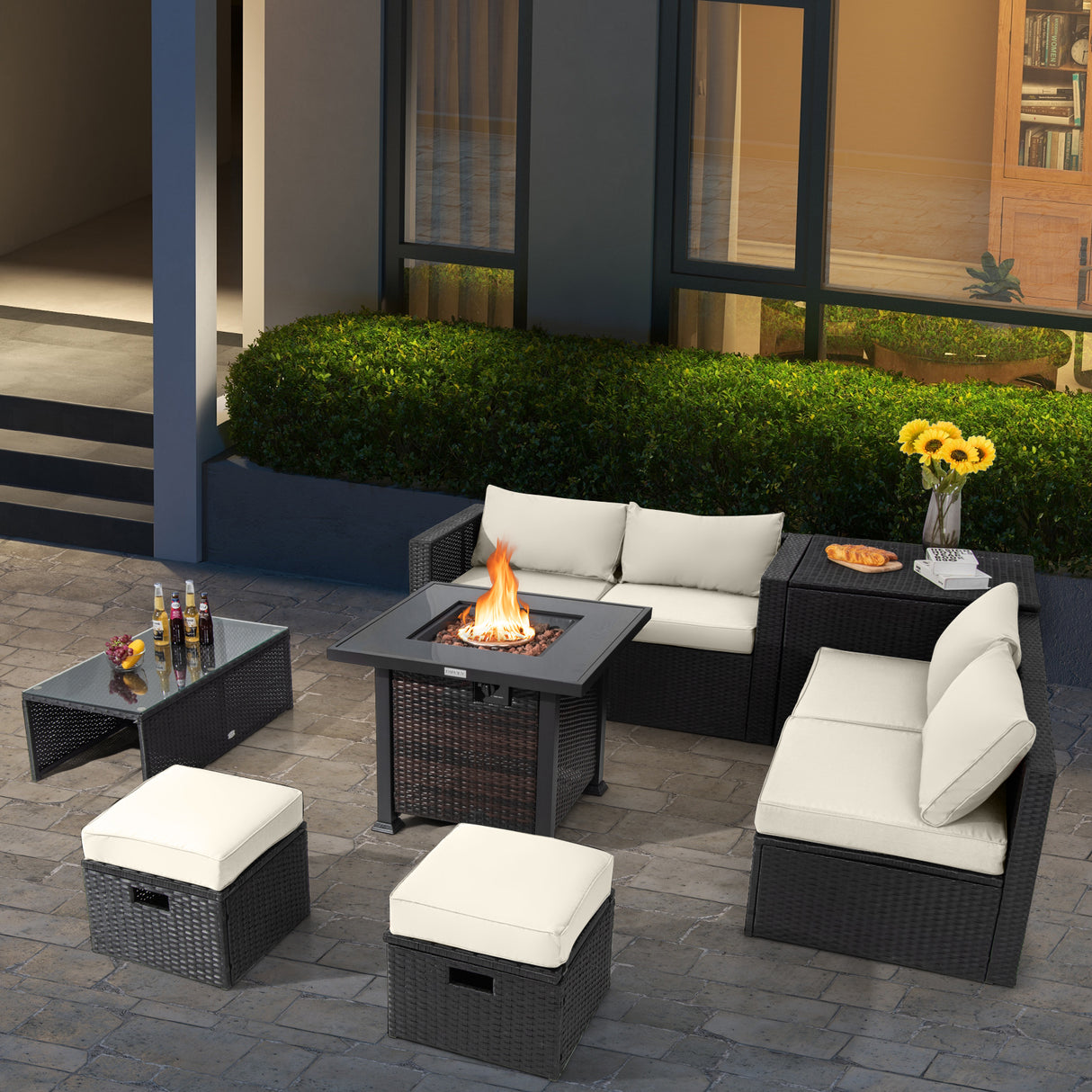 9 Pieces Patio Furniture Set with 32â Fire Pit Table and 50000 BTU Square Propane Fire Pit