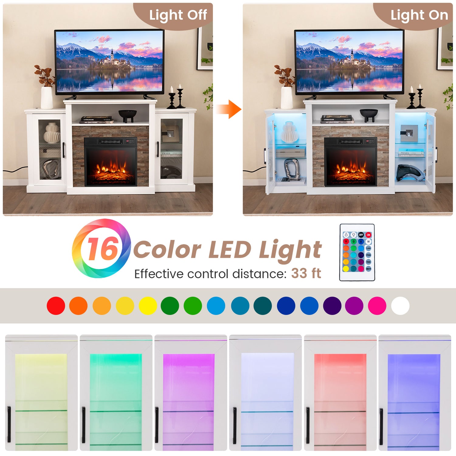 Fireplace TV Stand with 16-Color Led Lights for TVs up to 65 Inch