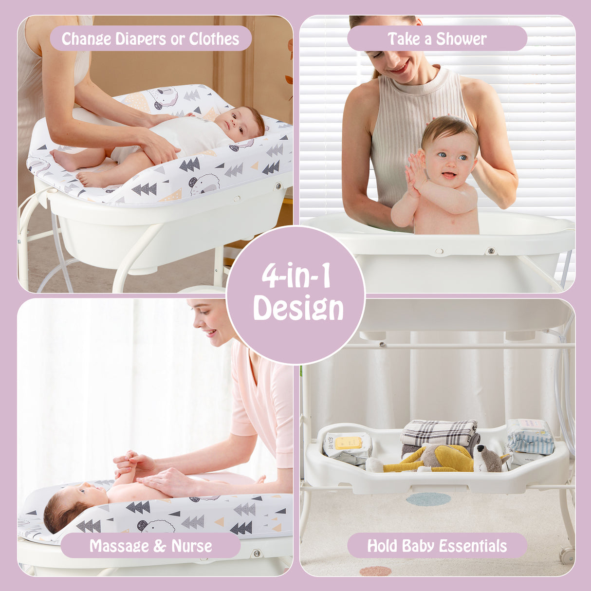 Portable Baby Changing Table with Storage Basket and Shelves