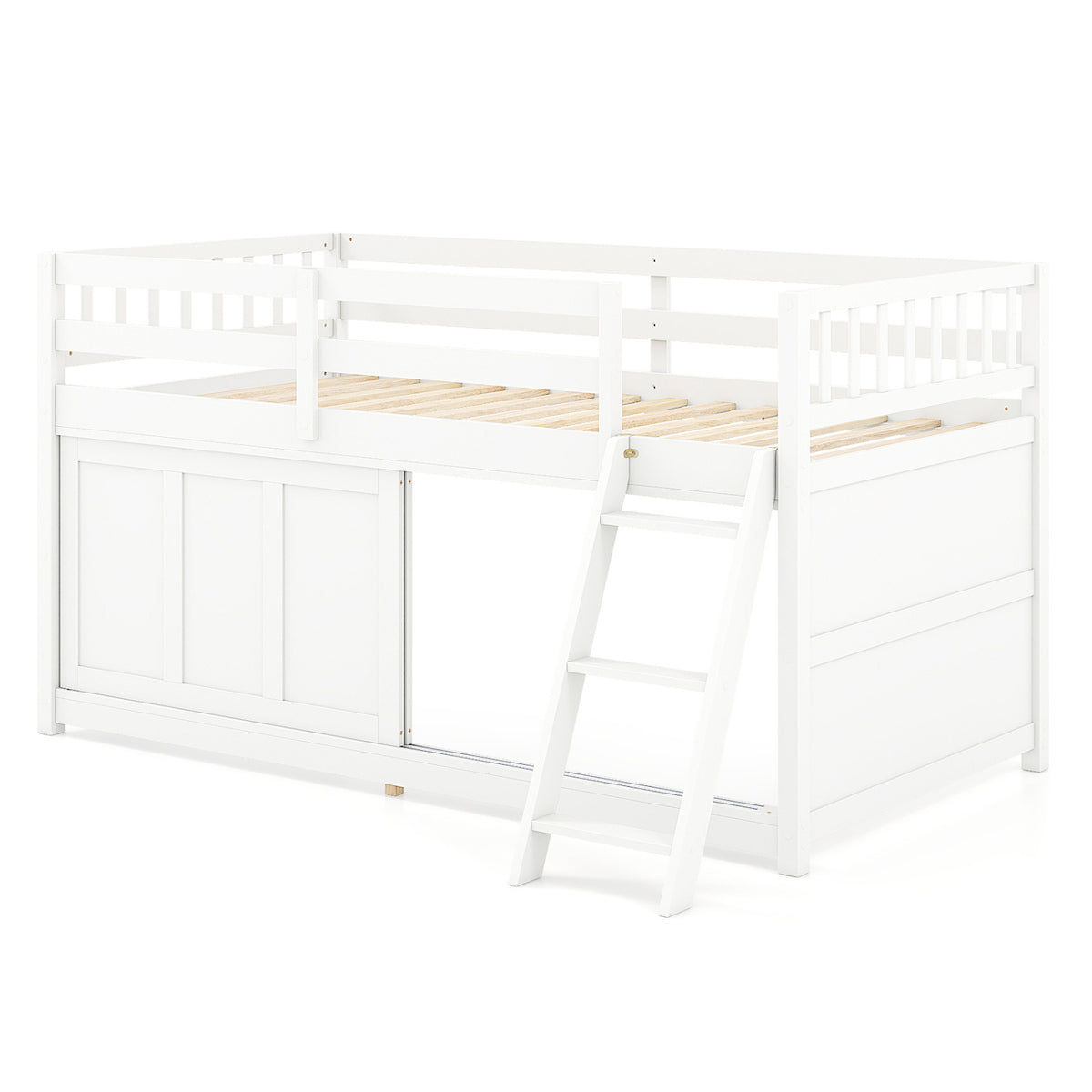 White Loft Bed with Aluminum Sliding Door and Storage for Bedroom-Twin size