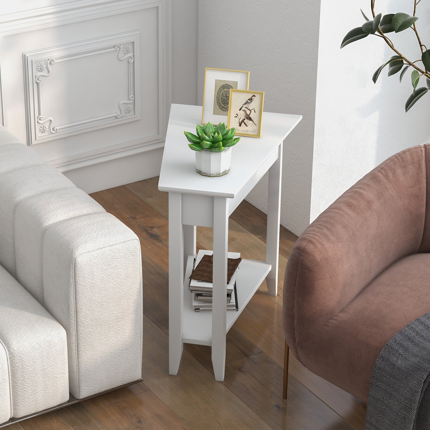 2-Tier Wedge Narrow End Table with Storage Shelf and Solid Wood Legs