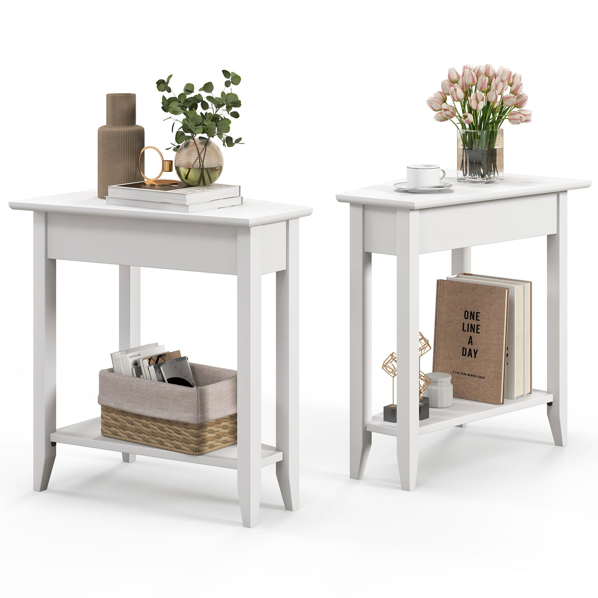 2-Tier Wedge Narrow End Table with Storage Shelf and Solid Wood Legs