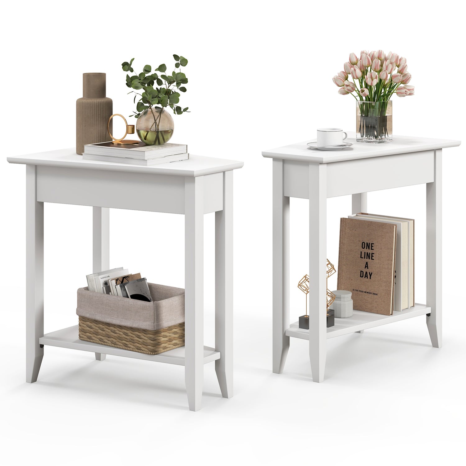 2-Tier Wedge Narrow End Table with Storage Shelf and Solid Wood Legs
