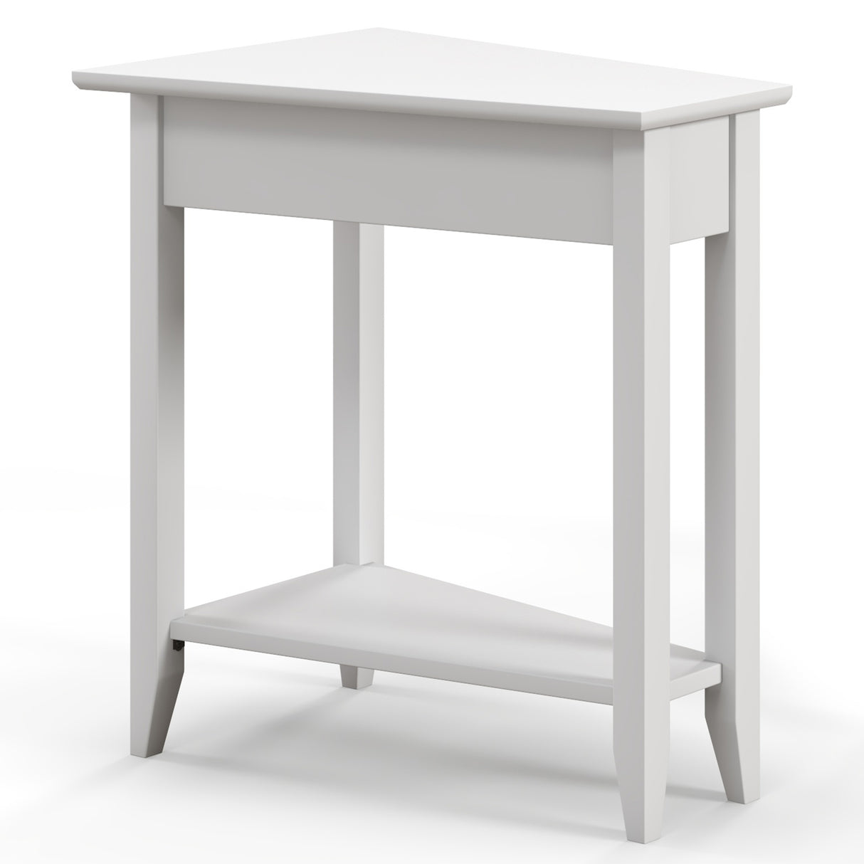 2-Tier Wedge Narrow End Table with Storage Shelf and Solid Wood Legs