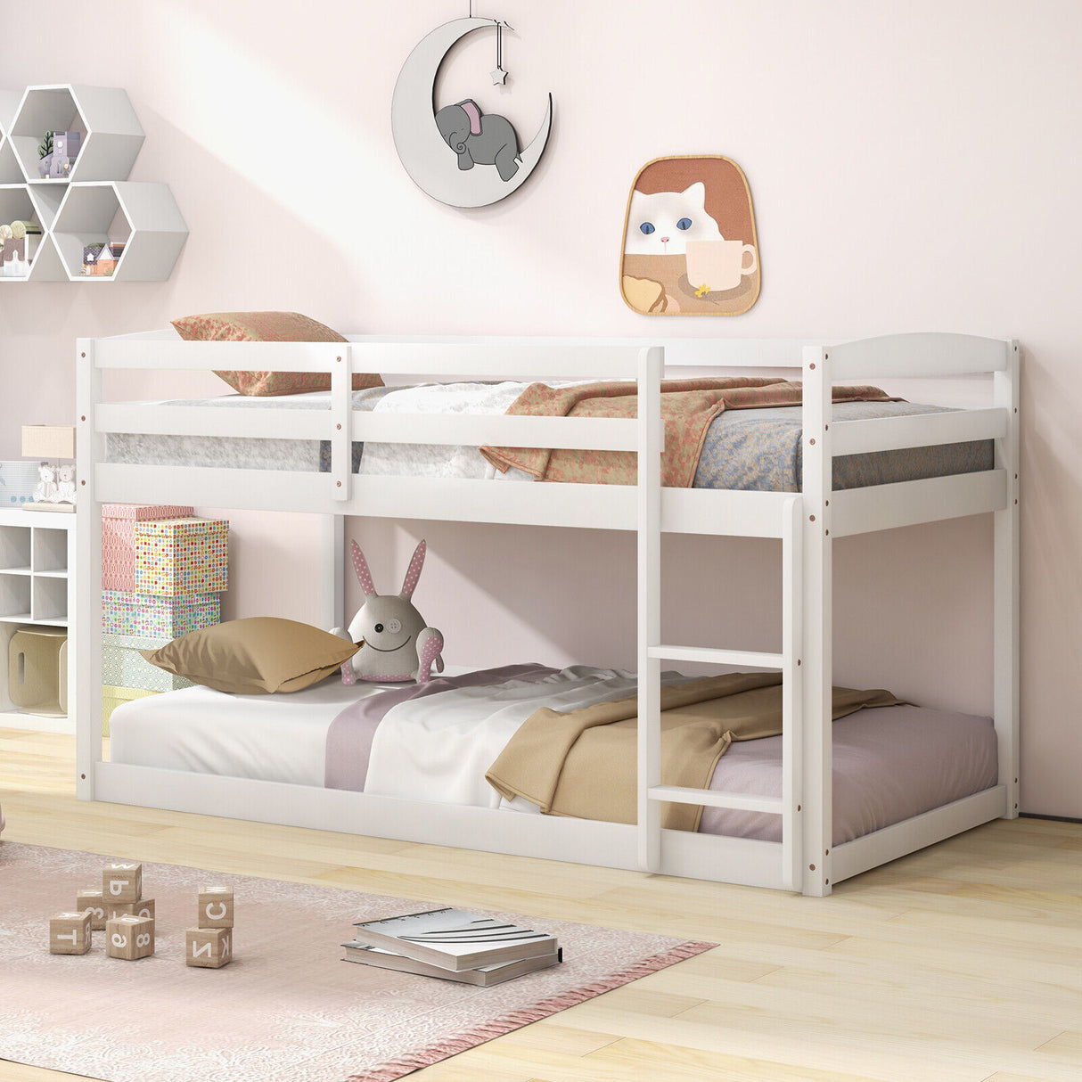 Twin Size Bunk Bed with High Guardrails and Integrated Ladder