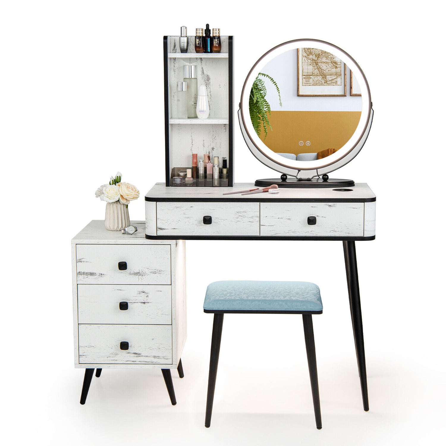 Vanity Table Set with 3-Color Lighted Mirror and Cushioned Stool