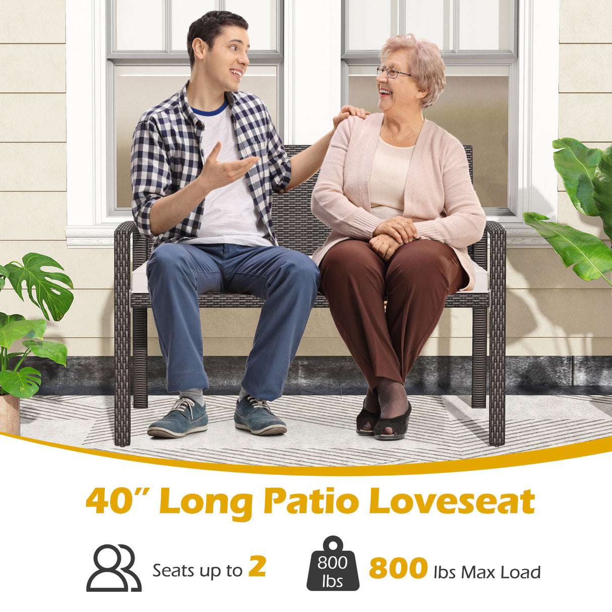 Wicker 2-Seat Bench with Soft Seat Cushion and Metal Frame-White