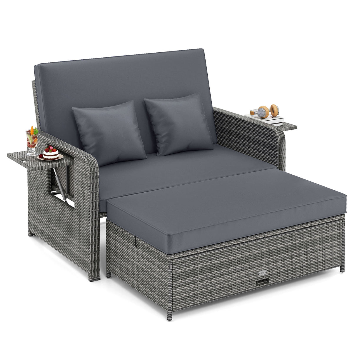 Wicker Loveseat Sofa with Multipurpose Ottoman and Retractable Side Tray