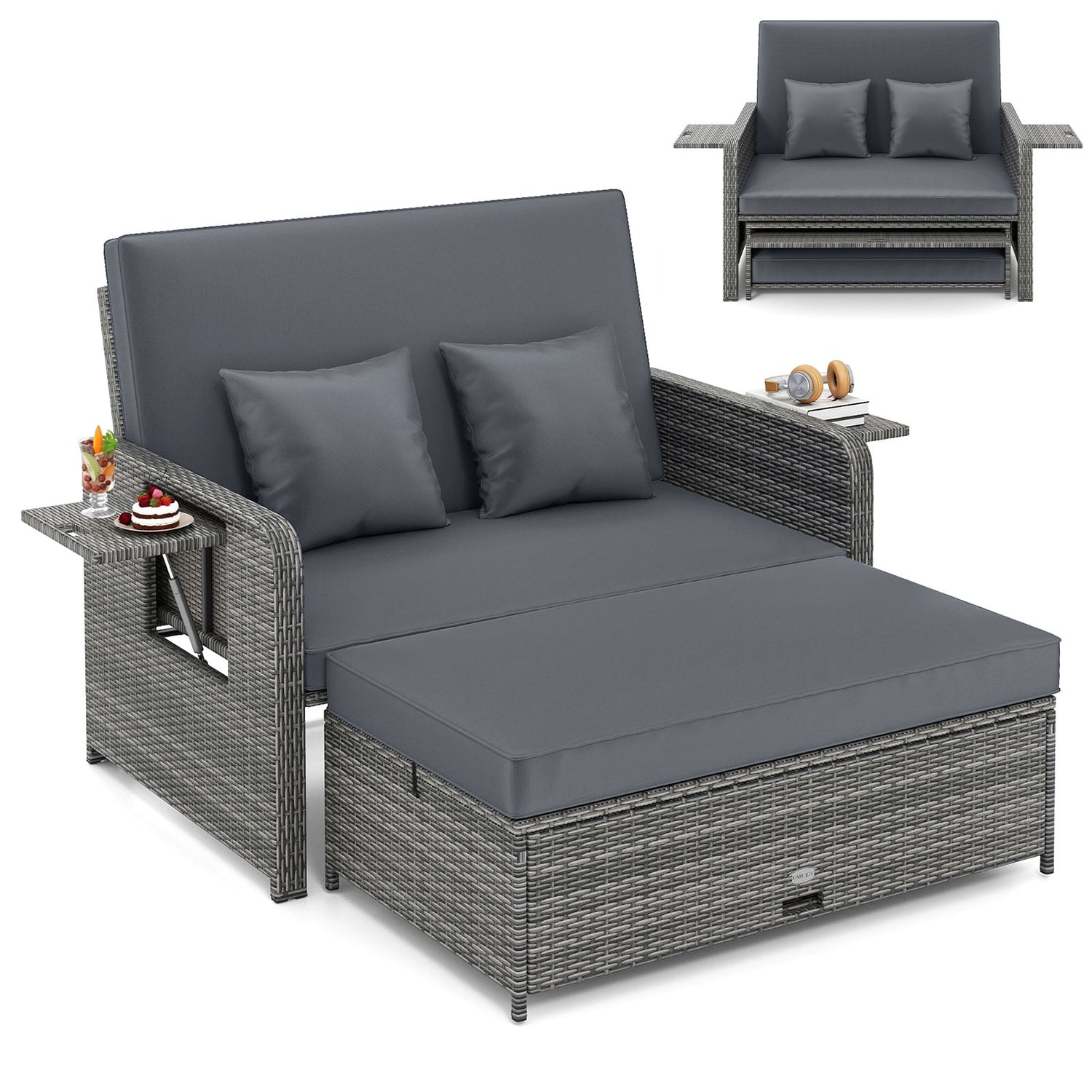 Wicker Loveseat Sofa with Multipurpose Ottoman and Retractable Side Tray