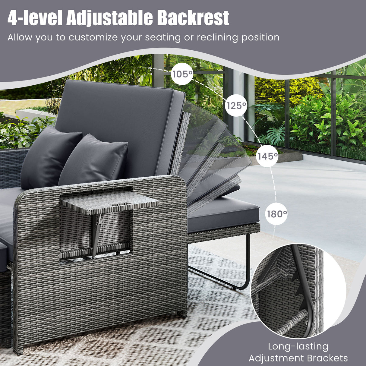 Wicker Loveseat Sofa with Multipurpose Ottoman and Retractable Side Tray
