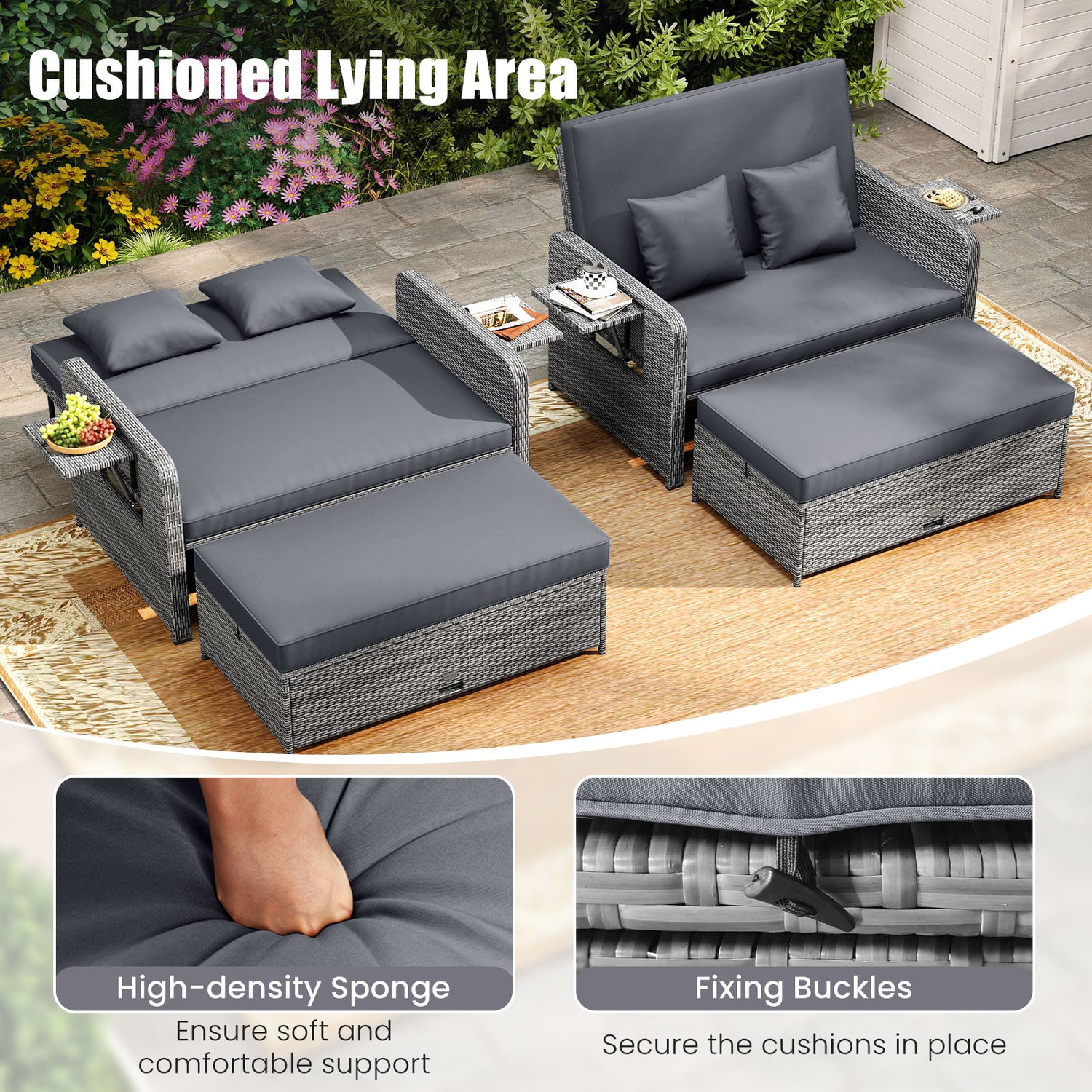 Wicker Loveseat Sofa with Multipurpose Ottoman and Retractable Side Tray