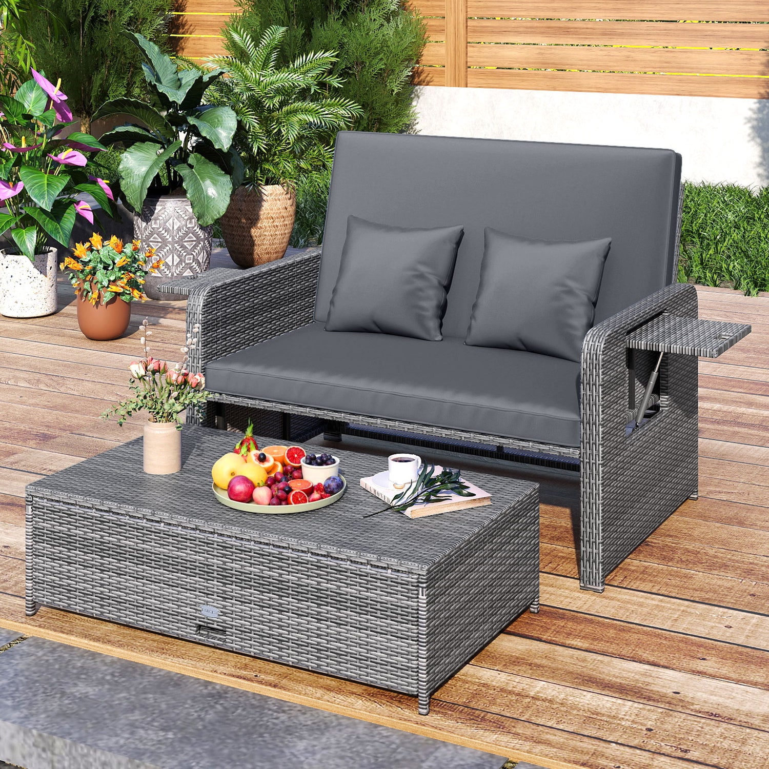 Wicker Loveseat Sofa with Multipurpose Ottoman and Retractable Side Tray