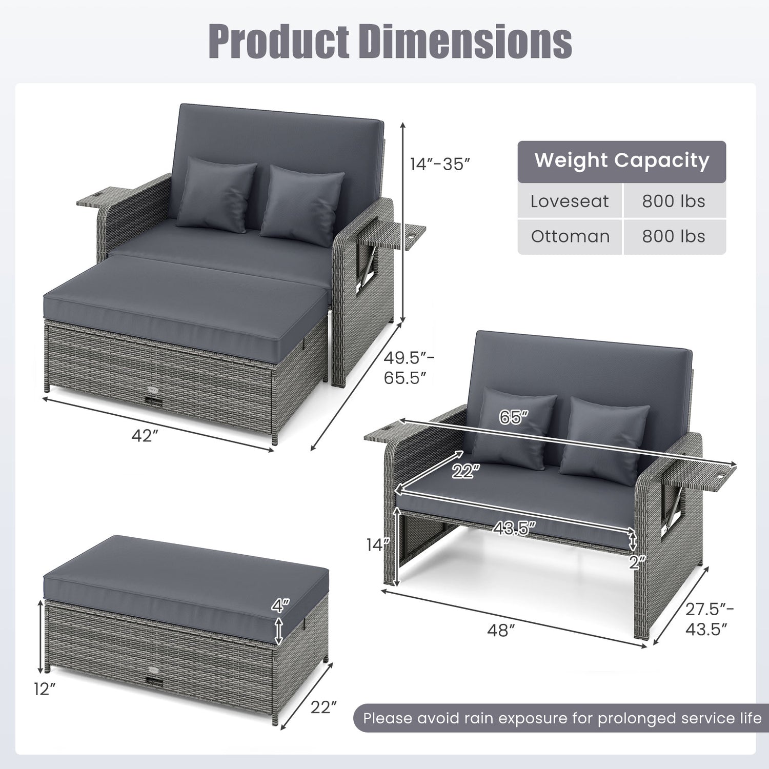 Wicker Loveseat Sofa with Multipurpose Ottoman and Retractable Side Tray