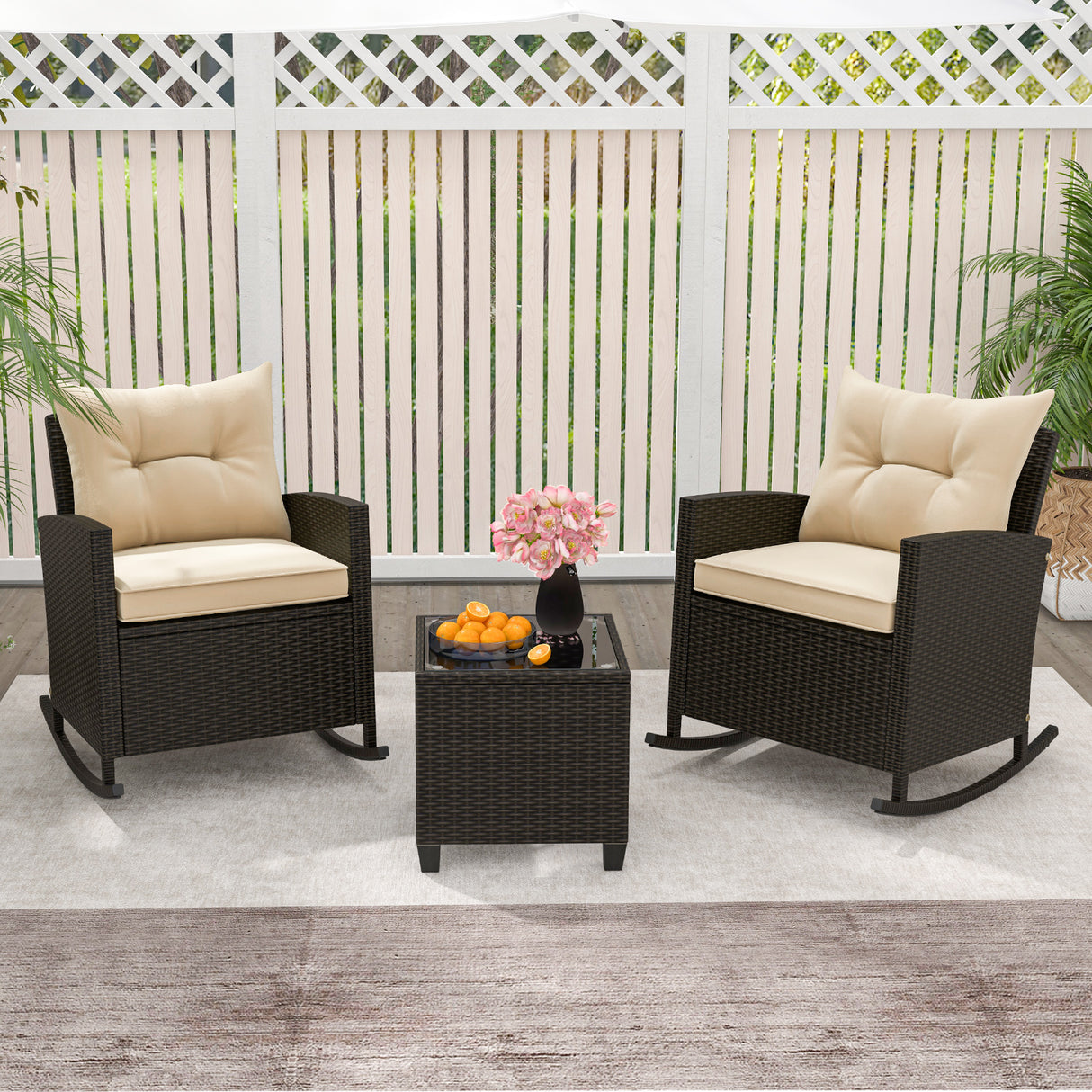 3-Piece Patio Rattan Roker Chairs with Tempered Glass Table and Soft Cushions