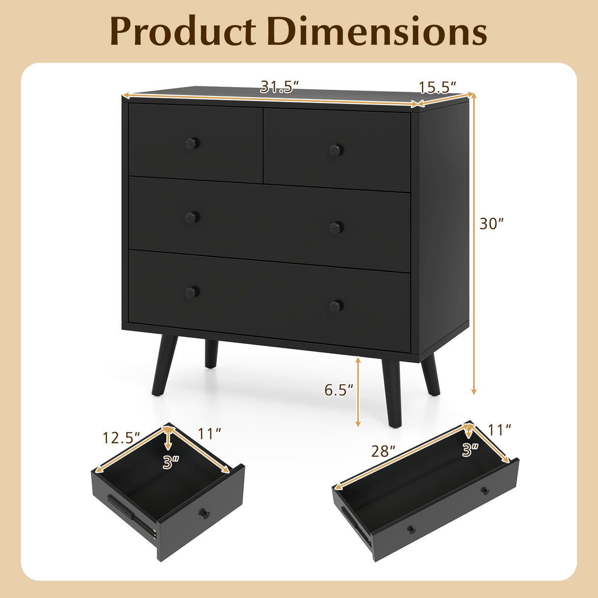 Wide Wooden Dresser with 4 Drawers for Bedroom Living Room