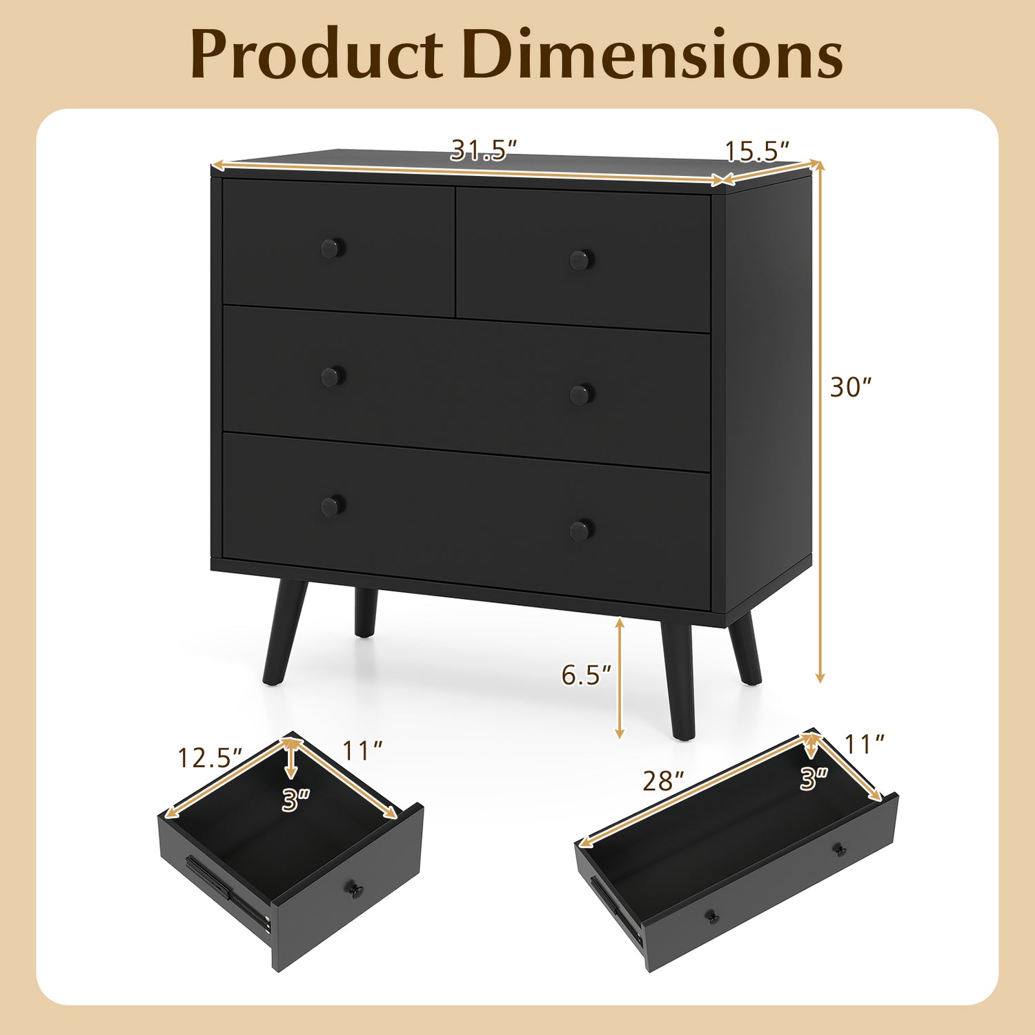 Wide Wooden Dresser with 4 Drawers for Bedroom Living Room