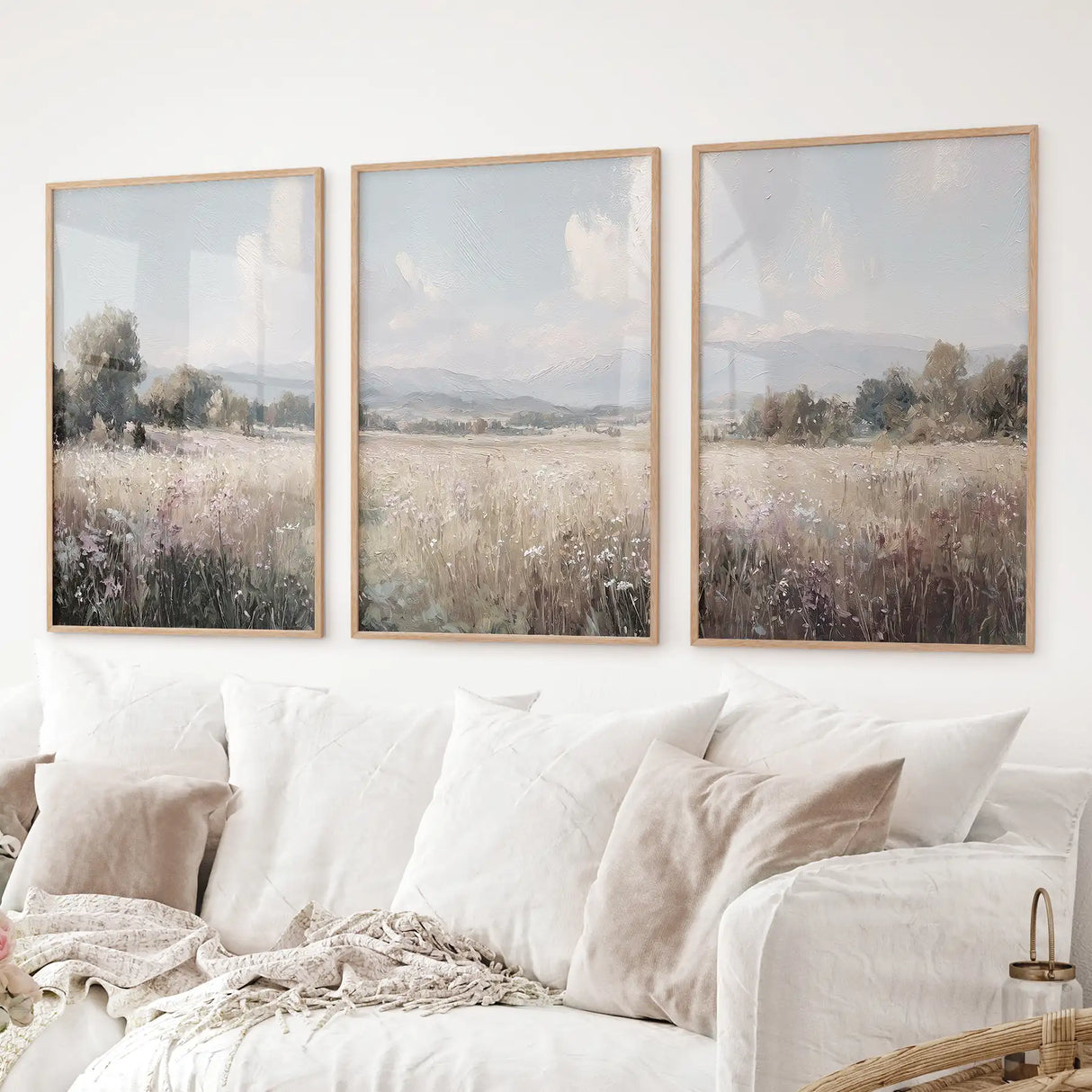 Pastel Meadow Landscape. Set of 3 Wildflower Prints