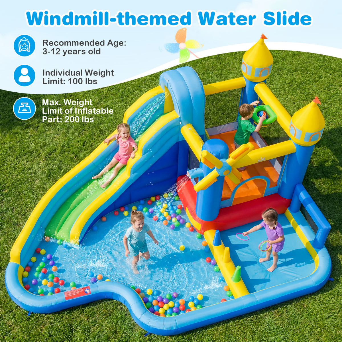 Windmill-themed Inflatable Water Slide Park with Jumping Area and Blower