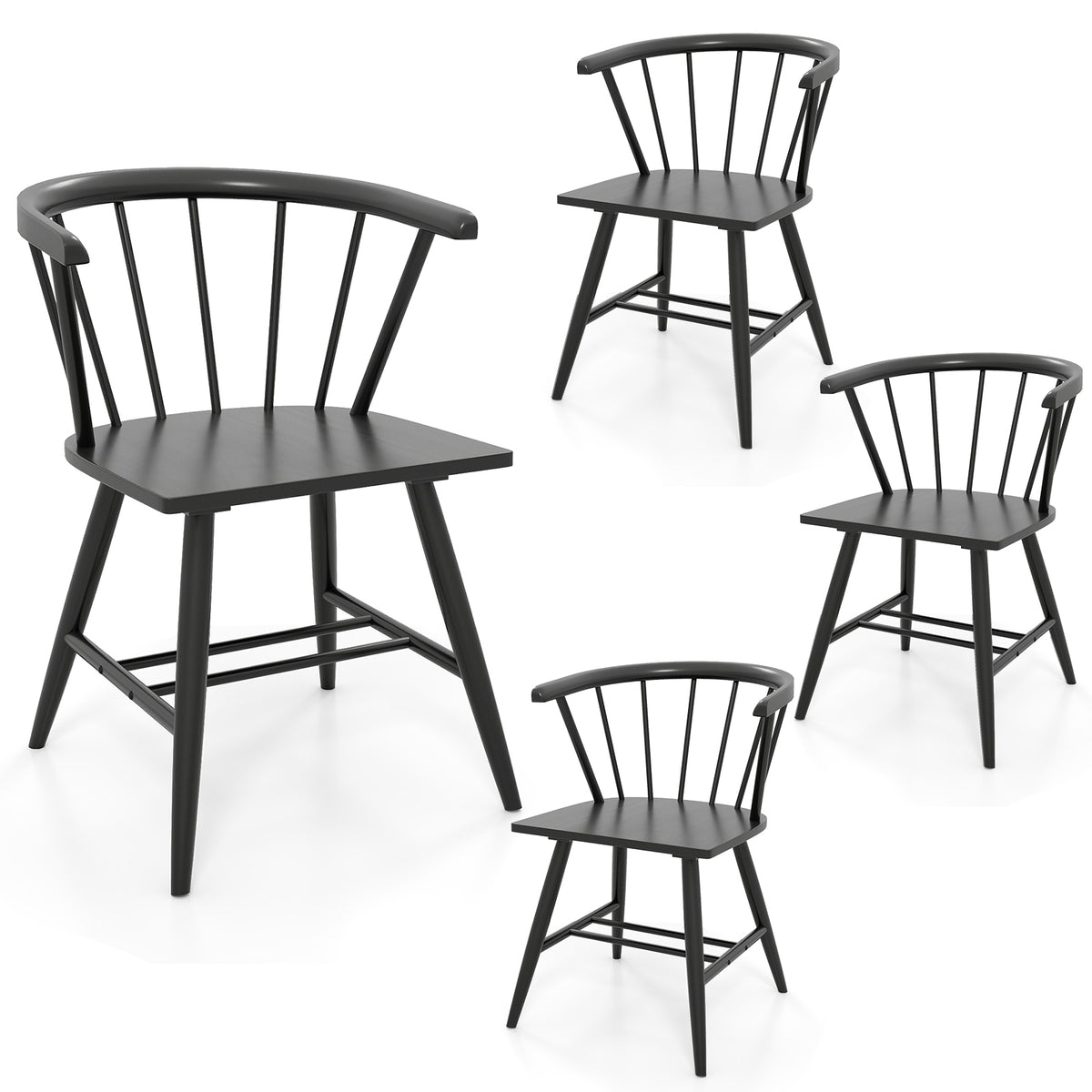 Windsor Dining Chair Set of 4 Mid-Century Modern Black Kitchen Chairs-Black
