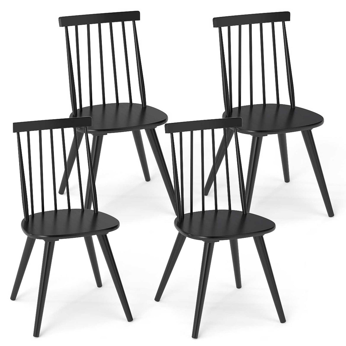 Windsor Dining Chair Set of 4 with Solid Rubber Wood Frame-Black
