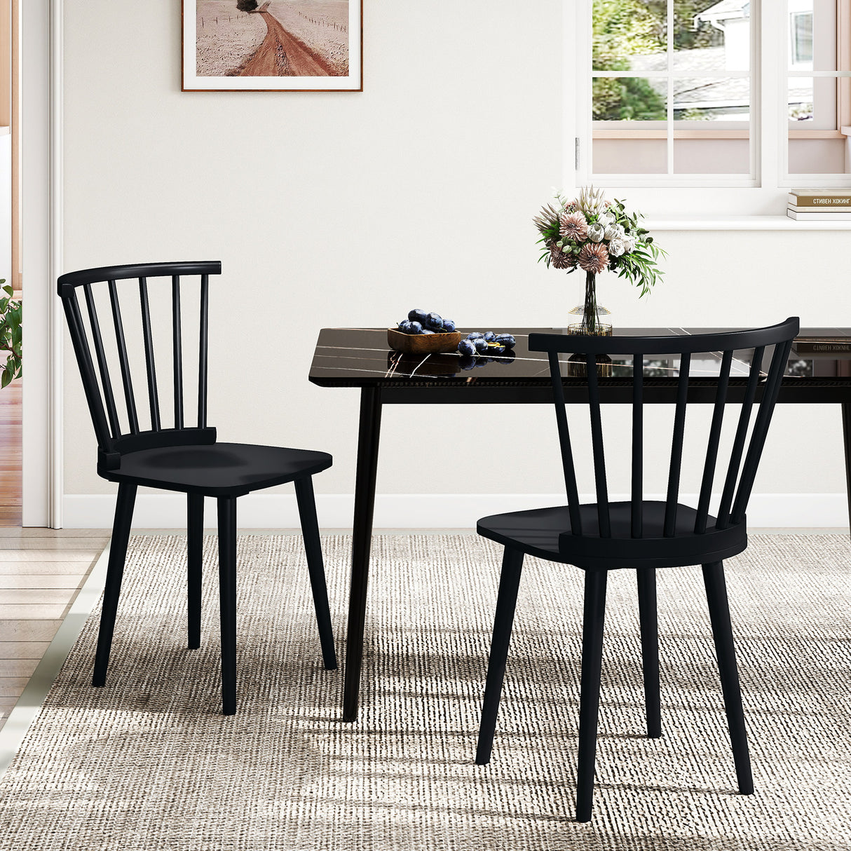 Windsor Dining Chairs Set of 2 Rubber Wood Kitchen Chairs with Spindle Back-Black