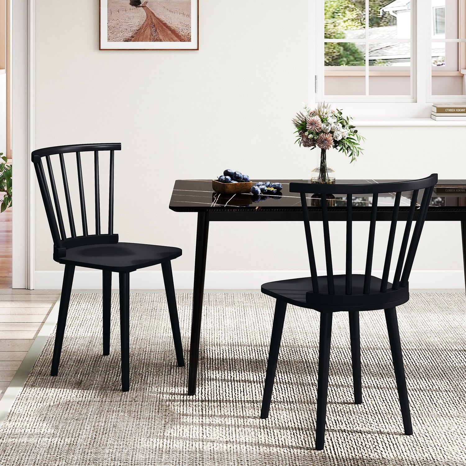 Windsor Dining Chairs Set of 2 Rubber Wood Kitchen Chairs with Spindle Back-Black