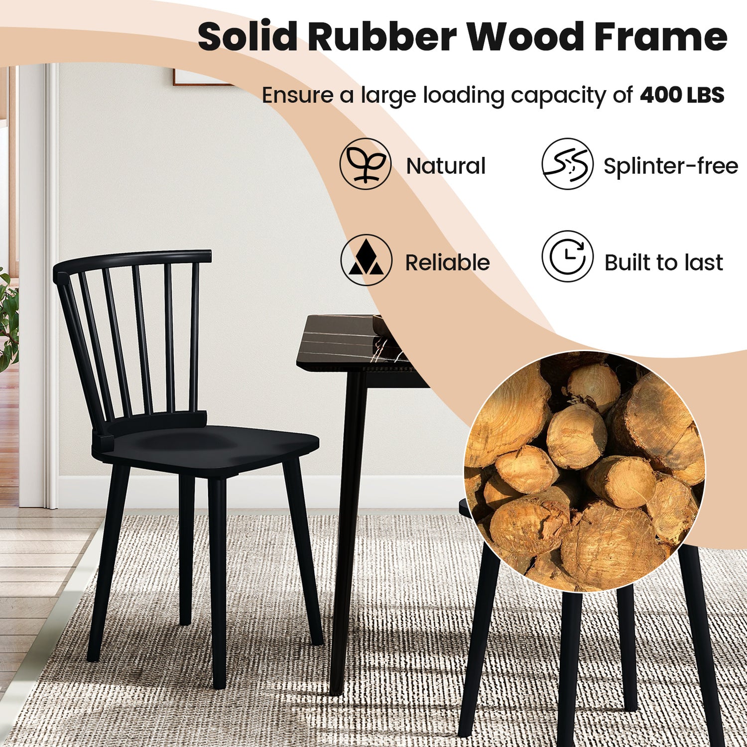 Windsor Dining Chairs Set of 2 Rubber Wood Kitchen Chairs with Spindle Back-Black