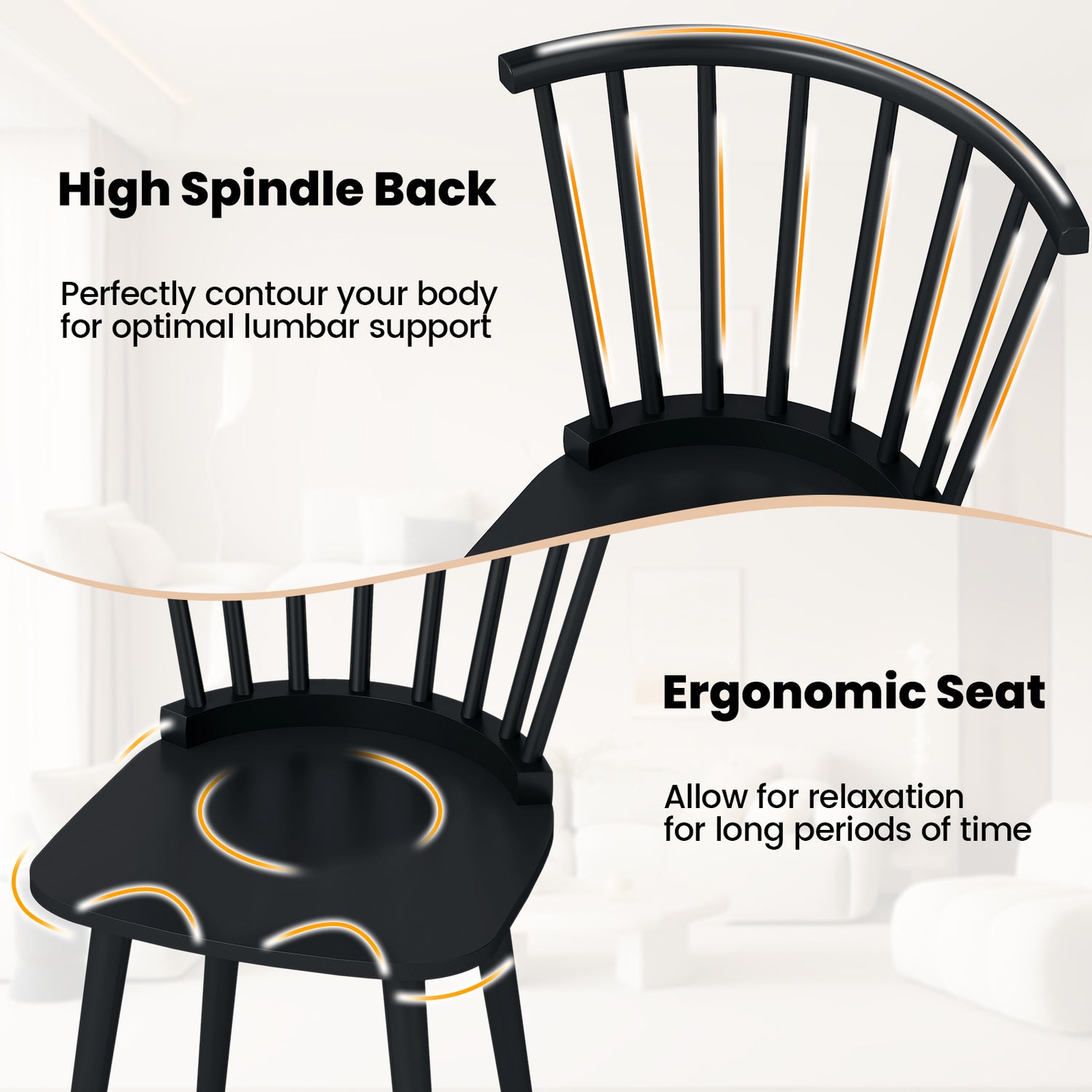 Windsor Dining Chairs Set of 2 Rubber Wood Kitchen Chairs with Spindle Back-Black