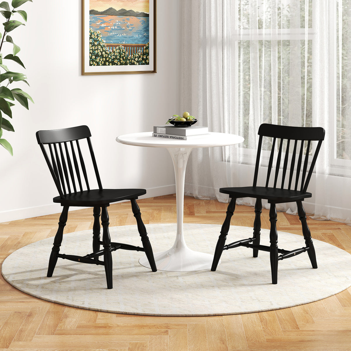 Windsor Dining Chairs Set of 2 with Curved Spindle Back