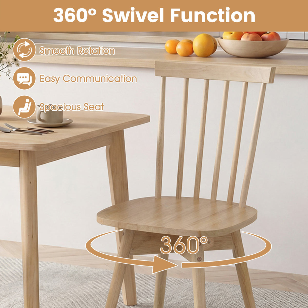 Windsor Dining Chairs Set of 4 Mid Century Rubber Wood Kitchen Chairs with Swivel Seat