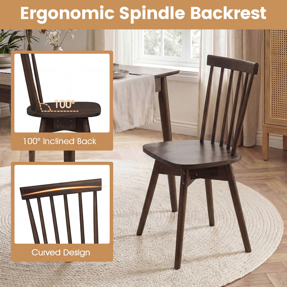 Windsor Dining Chairs Set of 4 Mid Century Rubber Wood Kitchen Chairs with Swivel Seat