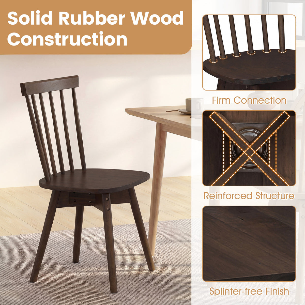 Windsor Dining Chairs Set of 4 Mid Century Rubber Wood Kitchen Chairs with Swivel Seat